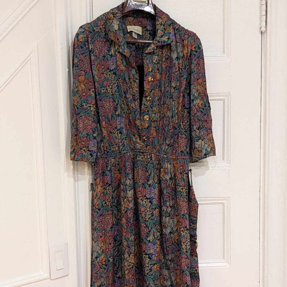 Periwinkle Women's Red Midi Flower Rayon Dress Belt Loops Shoulder Pads